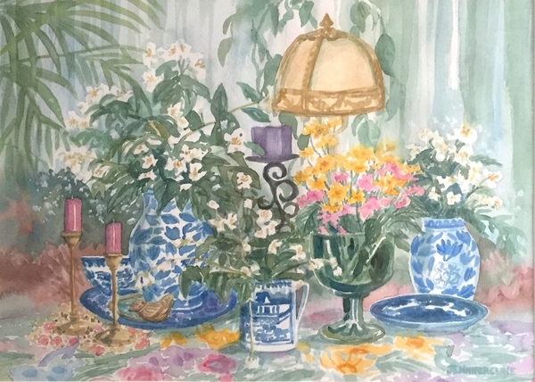 Flowers On Table With Lamp